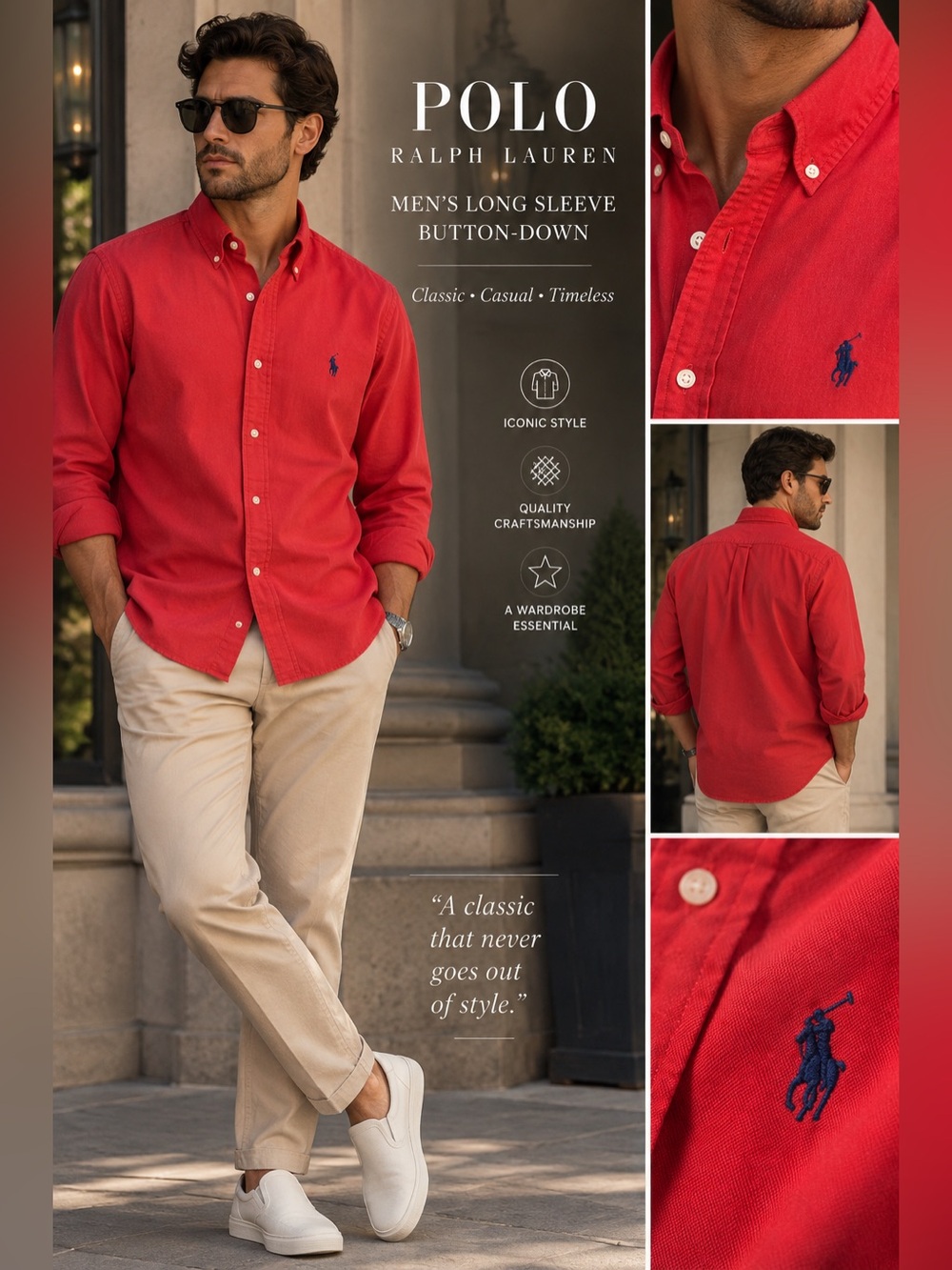 Ralph Lauren Men's Long Sleeve Button-Down Shirt - Red with Blue Logo size XXL